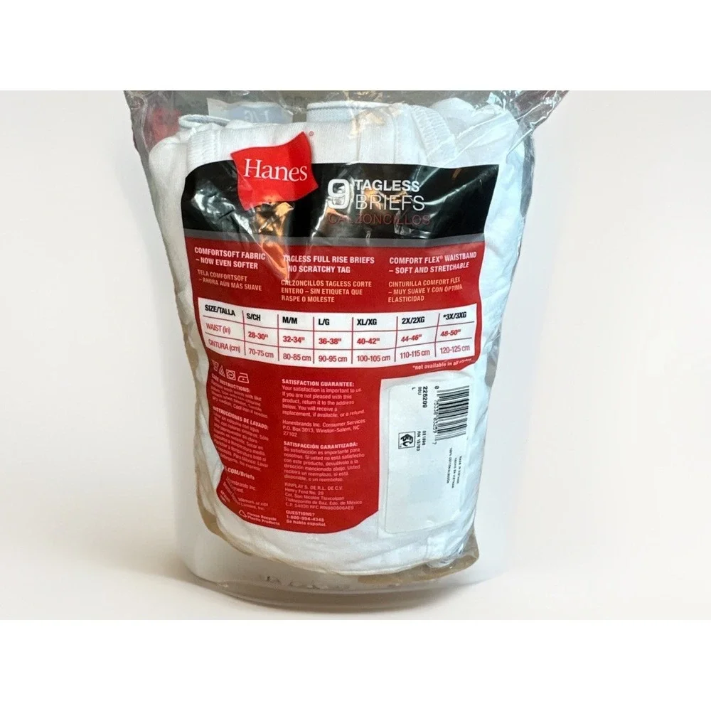 Hanes 225209 Men's Regular Full Rise Brief 9 Pack Tagless Large 36-38